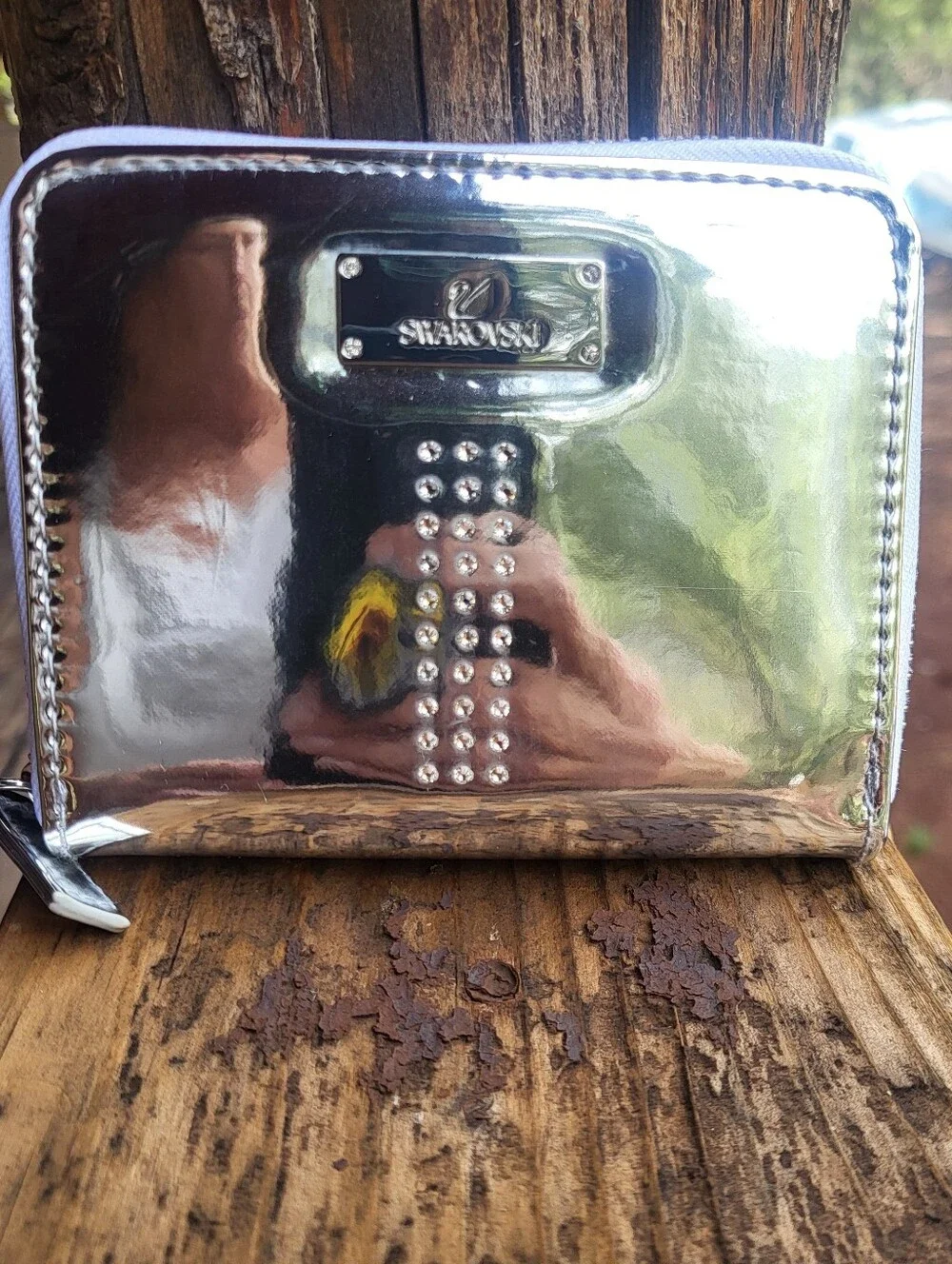 Swarovski Silver Metallic Mirror Finish, Crystals Embellished Zip Around Wallet.